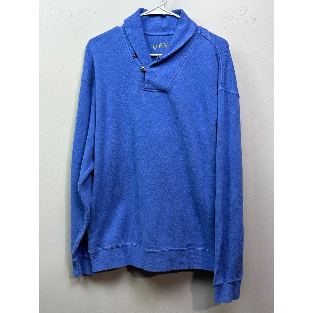 Orvis Mens Blue Embroidered Fly Fishing Shawl Button Neck Sweatshirt M